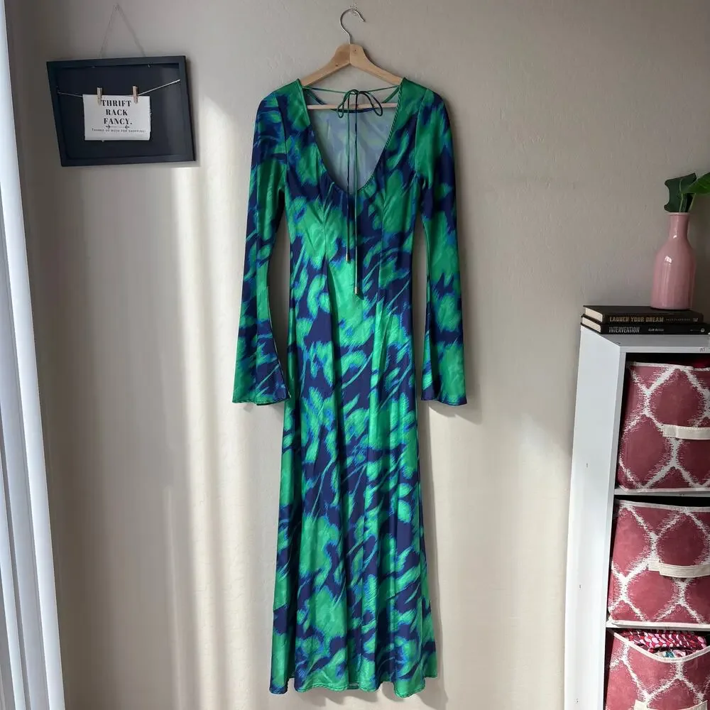 The Wolf Gang Dress Calypso Green Blue Abstract Long Sleeve Maxi Dress Size M - Picture 9 of 12